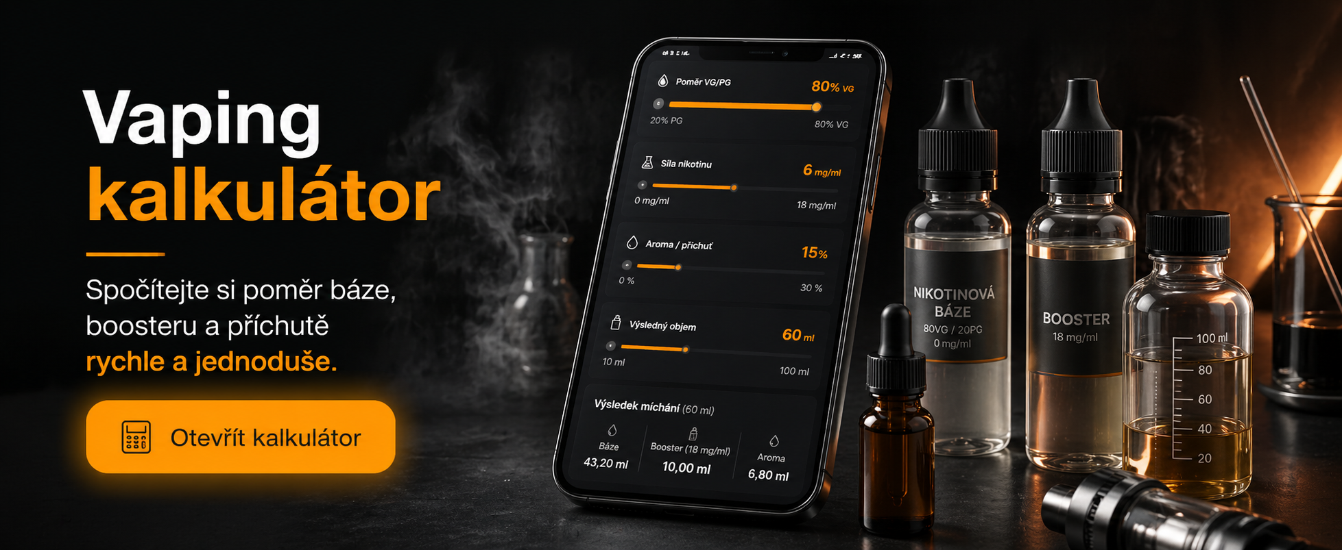 Vaping kalkulátor pro výpočet poměru báze, boosteru a příchutě